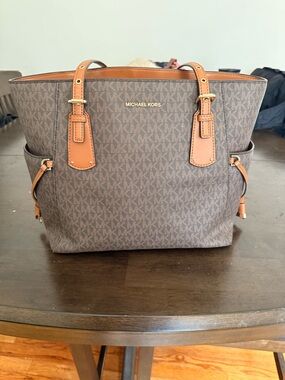 Michael Kors Brown MK Logo Tote with Tan Leather Trim